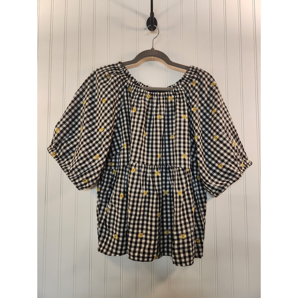 Old Navy Women's Embroidered Flower B&W Gingham Puff Sleeve Babydoll Top Size XL